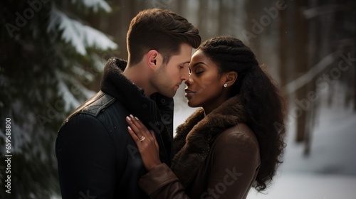 Winter Love: A happy interracial couple embraces in the snowy forest, radiating love and joy.