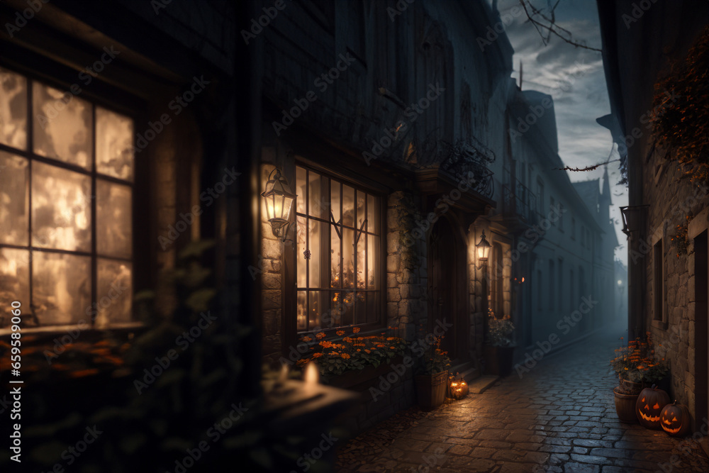 Old house and the street in the night at Halloween holiday. Old house and the street in the night at Halloween holiday.