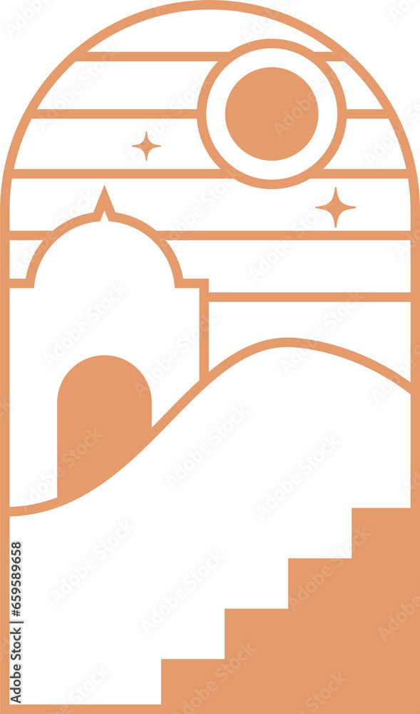 Desert boho logo with mountain and sun landscape. Bohemian valley with moon. Abstract aesthetic design. Arc with aurora. Outline travel graphic decoration Desert boho logo with mountain and sun landscape. Bohemian valley with moon. Abstract aesthetic design. Arc with aurora. Outline travel graphic decoration