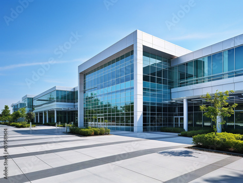 Sleek contemporary architecture showcased in an exterior view of a pristine corporate office building.