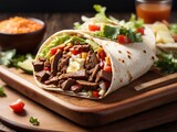 Beef burrito wrap sandwich on wooden tray close up