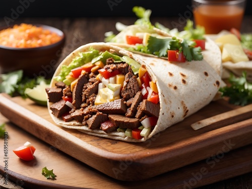 Beef burrito wrap sandwich on wooden tray close up