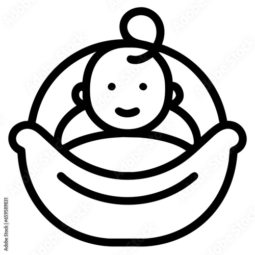 Baby in cradle vector icon, baby shower related line art pictogram AI generated