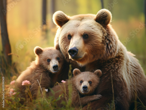 A loving mother bear embraces her adorable cubs in a heartwarming display of affection.