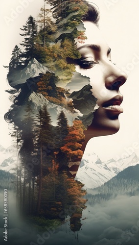 Double Expousure Beautyful Woman mixed with Landscapes of Nature photo