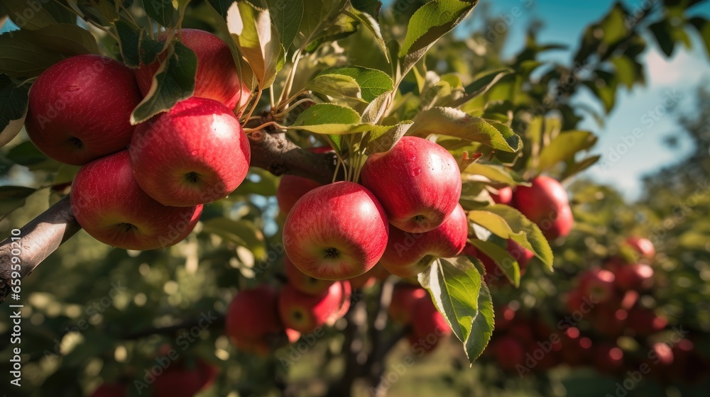 Celebrate the harvest season with a visual of plump red apples on the tree, epitomizing the essence of farm-fresh goodness