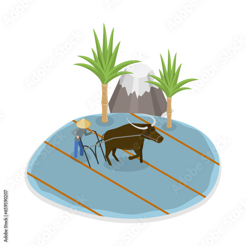 3D Isometric Flat Vector Illustration of Rice Farm, Asian Traditional Agriculture. Item 1