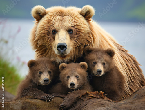 A mother bear embraces her adorable cubs in a heartwarming display of love and protection.