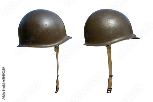 Vintage World War II United States army helmet at different angles isolated on white photo