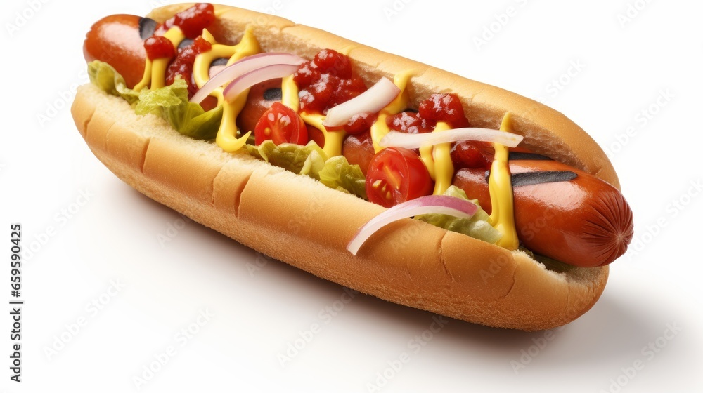 Delicious hot dog with ketchup, mustard and toppings, isolated on white background, mouth watering Delicious hot dog with ketchup, mustard and toppings, isolated on white background, mouth watering