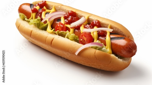 Delicious hot dog with ketchup, mustard and toppings, isolated on white background, mouth watering