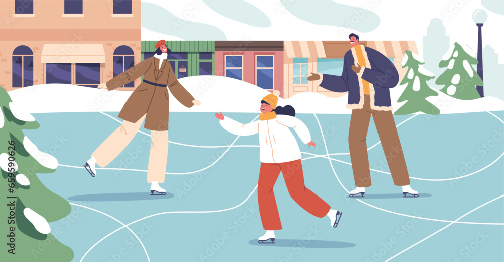 Φωτογραφία Joyful Parents And Their Little Girl Gracefully Gliding On A City Rink, Laughter