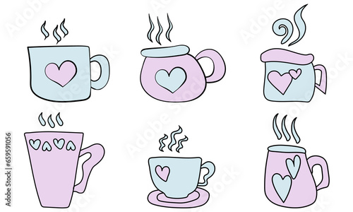 Set of cute cups in doodle style with hearts, Cozy mugs for design