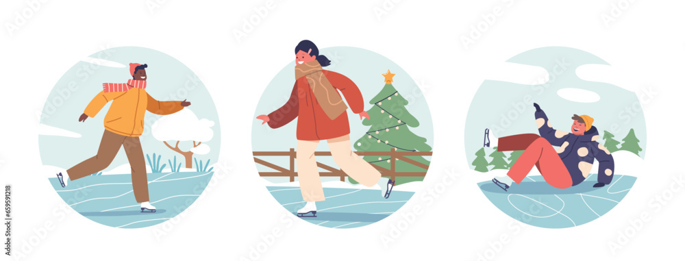Φωτογραφία Isolated Round Icons or Avatars of Girls and Boys Glide Across Ice Rink