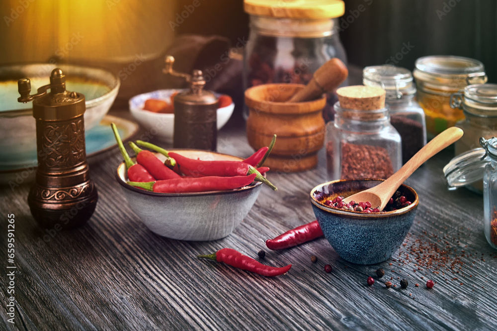 Fresh hot red pepper and other spices on a beautiful wooden table. Fresh hot red pepper and other spices on a beautiful wooden table.