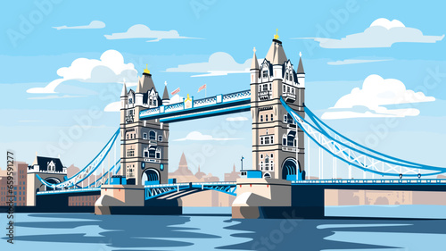 simple flat 2D illustration, vector illustration, simple colors, tower bridge in London. Touristic site in the heart of the capital city London in the united kingdom. Famous tourist attraction. Suspen