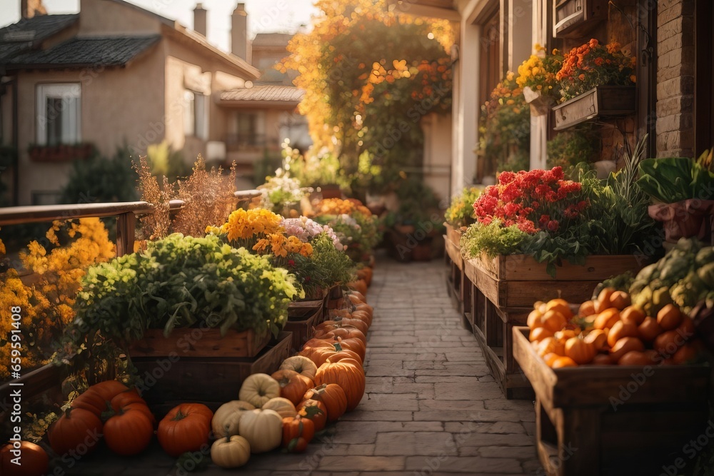 Boxes of pumpkins, vegetables and beautiful flowers in pots on the terrace of the house at sunset. Autumn, harvest, comfort, home concepts