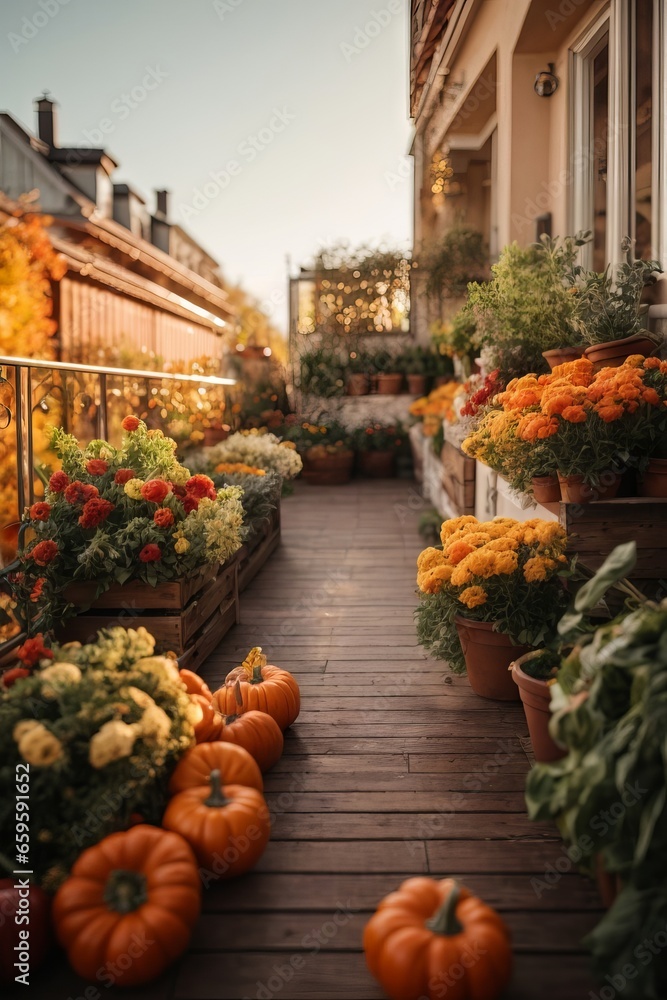 Beautiful terrace, balcony, veranda of an old picturesque house, buildings in Italy at sunset Beautiful terrace, balcony, veranda of an old picturesque house, buildings in Italy at sunset