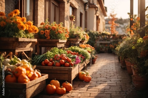 Boxes of tomatoes, herbs, pumpkins and vegetables in a beautiful large terrace with flowers. Autumn, harvest, comfort, home concepts