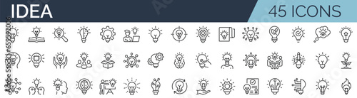 Set of 45 outline icons related to idea. Linear icon collection. Editable stroke. Vector illustration