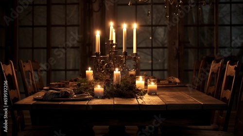 Gentle candlelight casting a glow on a rustic dining table.