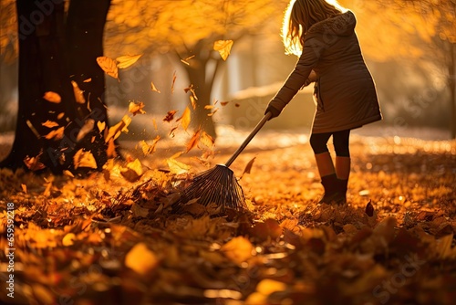 woman with rake picking up leaves Generative AI