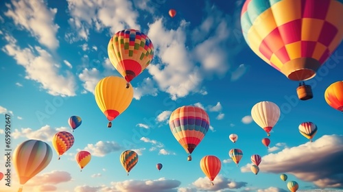 Colorful hot air balloon festival, Balloons ascending into a sky.