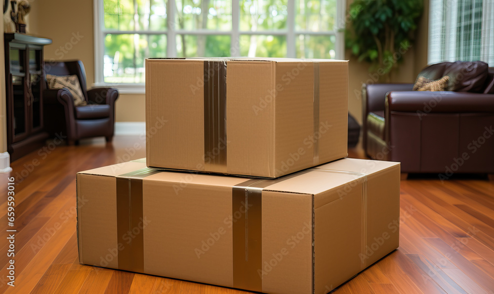 A group of closed cardboard boxes indoors. A group of closed cardboard boxes indoors.