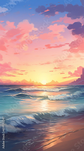 sunset at the beach anime phone background generative ai © Quentin