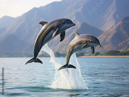 Two dolphins elegantly leap out of the water in perfect synchronization  resembling synchronized swimmers.
