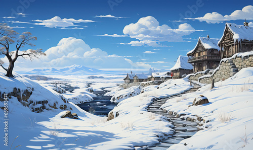 Winter landscape of a snow-covered village during the day. © Andreas