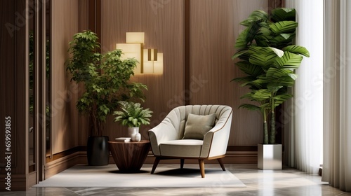 In a hall adorned with wood cladding and white marble flooring, a modern beige armchair, small wooden table, green bush planter, and tall glass chandelier create a stylish ensemble. © ZUBI CREATIONS