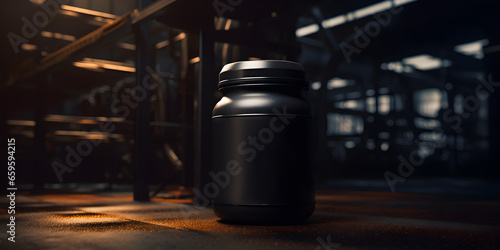Nutritional supplements. protein jar at the gym. Package. Dark shades. 