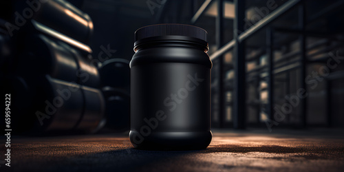 protein jar at the gym. Package. Dark shades. Nutritional supplements.