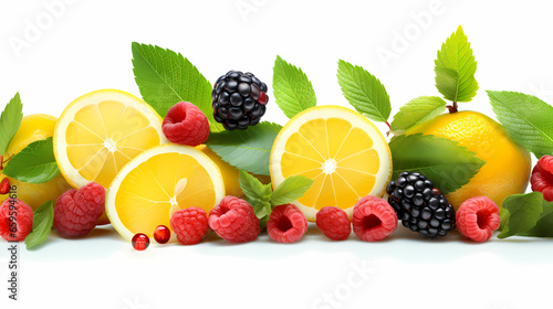 An uplifting food theme design made of ripe, juicy berries, bright lemon slices, and vibrant mint leaves, isolated over a transparent background, capturing the essence of summer freshness