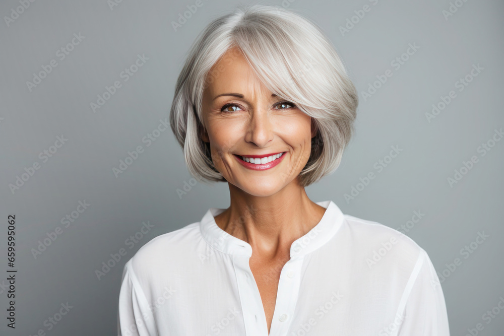 Portrait of happy beautiful gorgeous 50s mid elderly tanned modern woman with bob haircut in white blouse on light gray background Portrait of happy beautiful gorgeous 50s mid elderly tanned modern woman with bob haircut in white blouse on light gray background