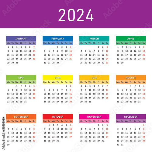 Simple vector 2024 calendar week starts on monday