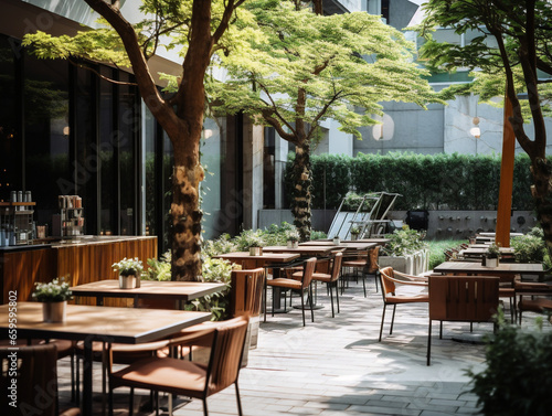"Image depicting a tranquil open-air café with a charming atmosphere and relaxed ambiance."