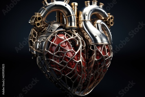 Anatomically correct human heart made from metal plates and pipes on black background.