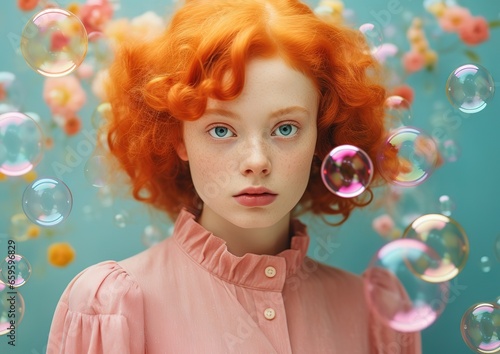 a woman with red hair is surrounded by flowers and bubbles