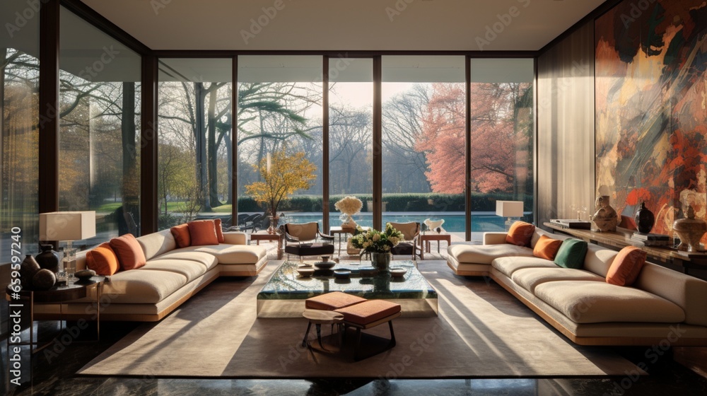 Opulent Living Room with Expansive Windows, Multiple Sofas, and Armchairs.