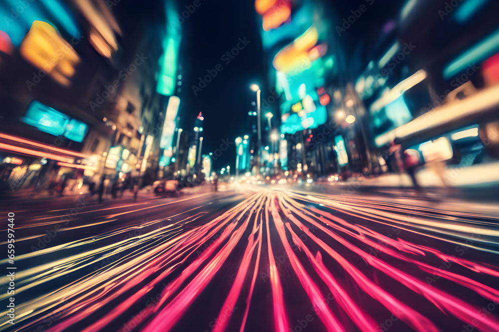 Blurred neon lights background. Neon city lights in motion blur style. Futuristic night backdrop.