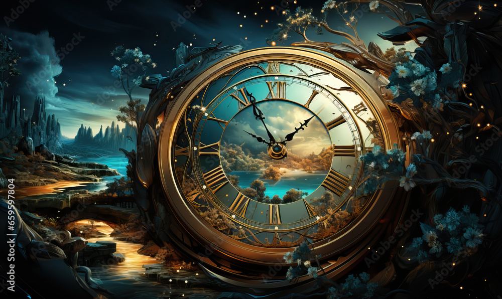 Obraz premium Abstract painting, clock in a natural landscape.