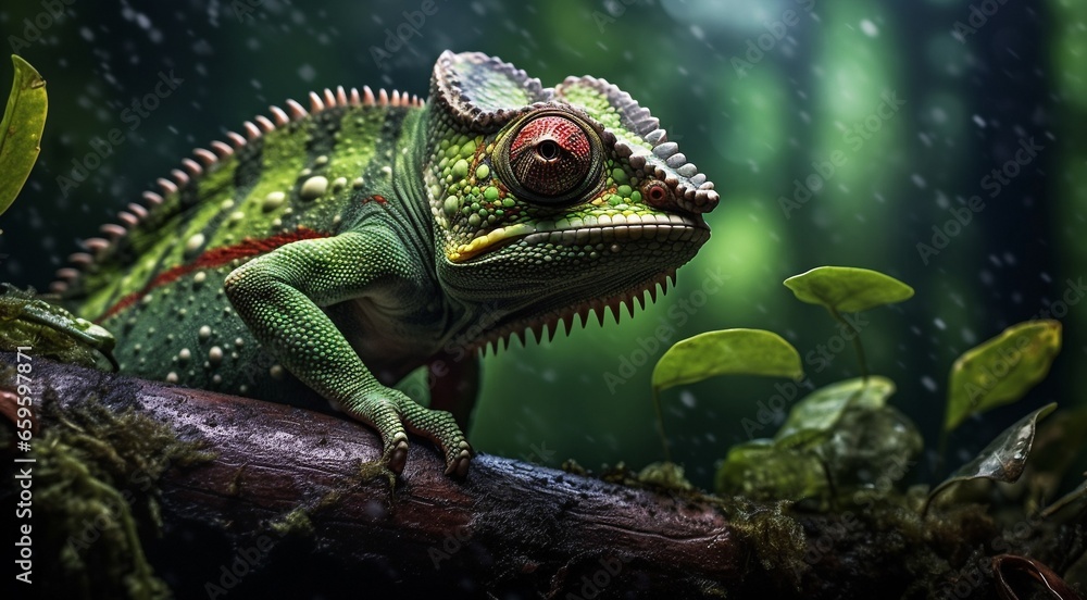 green iguana on a tree, green iguana on a tree branch, close-up of colored chameleon on the tree, close-up of a chameleon in the forest, colorful chameleon face
