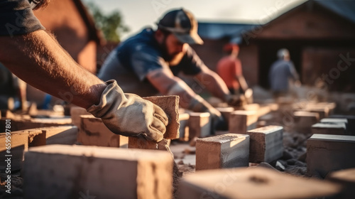 Valokuva Closeup of bricklayer hands laying brick wall at building site.