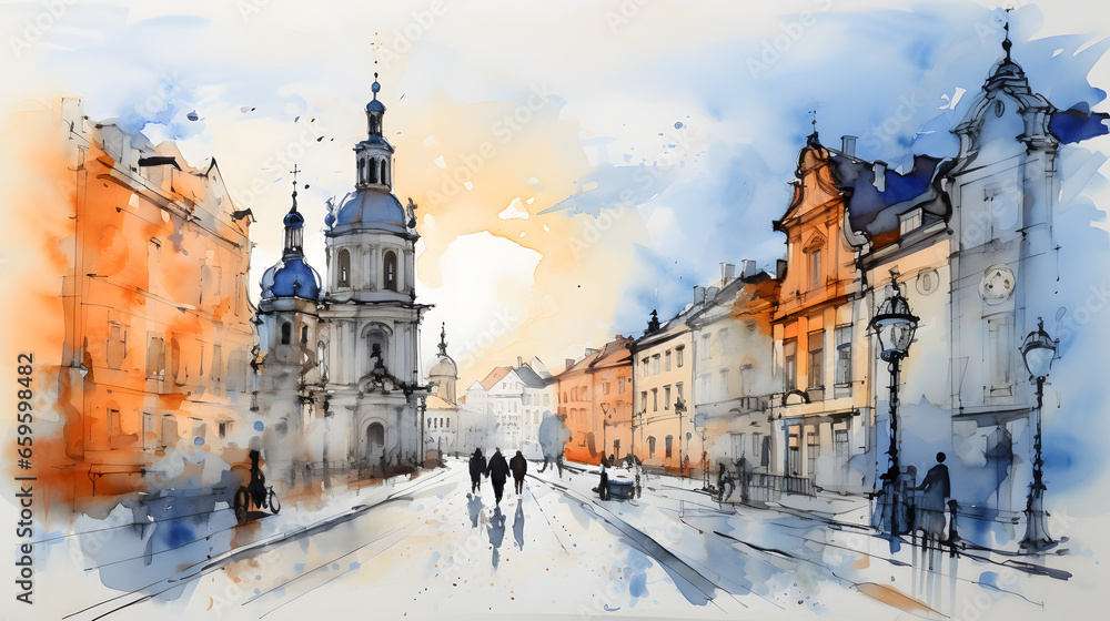 Watercolor drawing on the road in the old town