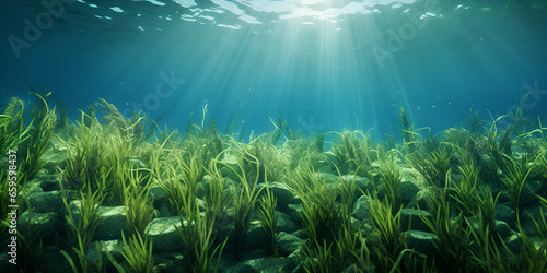 underwater scene with sun rays and sun,hand , sun, sand, green, light, fish, underwater, water, blue, sunlight, nature, generative AI