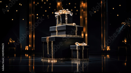 Refined Scene: Crystal-Clear Podium with Opulent Gifts
