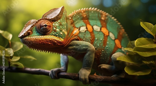 green iguana on a tree  green iguana on a tree branch  close-up of colored chameleon on the tree  close-up of a chameleon in the forest  colorful chameleon face