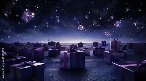 Enchanting gift boxes among twinkling stars cosmic purple